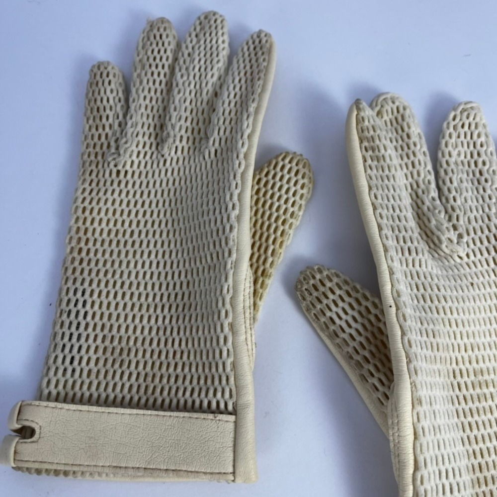 Vintage Cream Leather Crochet Mesh Driving Gloves British Hong Kong Retro - Picture 3 of 7